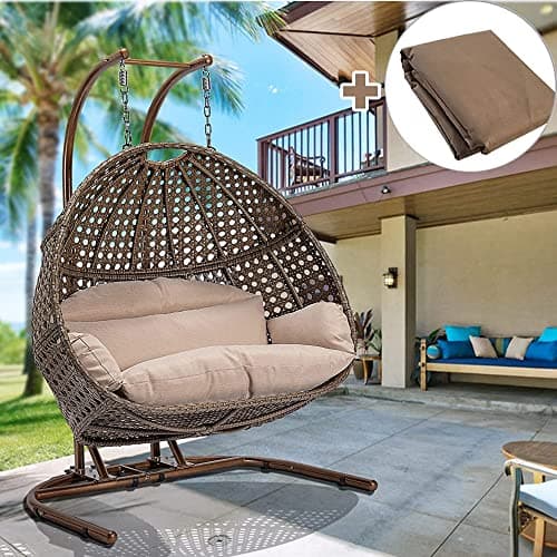 Qwork Double Egg Chair with Stand,2 Person Wicker Rattan Hanging Swing Chair, Hammock Swing Chair UV Resistant Cushion with Stand for Indoor Bedroom Outdoor Garden Backyard