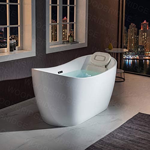 WOODBRIDGE 59" Acrylic Freestanding Bathtub Contemporary Soaking White Tub with Matte Black Overflow and Drain，B0016 -MB-Drain &O