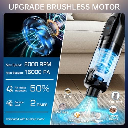 Handheld Vacuum Cordless, Car Vacuum with 16000Pa Powerful Suction, Lightweight at 1.3 lbs, Rechargeable Vacuum Cleaners for Home Office Car Pets with Brushless Motor, Multiple Accessories