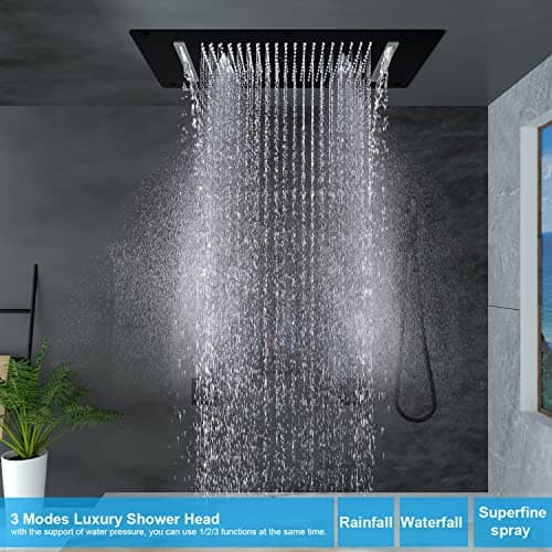 HOMEDEC Luxury Full Body Shower Jets System, 15x28inch Rain Shower Faucet Set Combo with 4pcs Adjustable Large Body Jet with Handheld Spray (Matte Black, 3 Functions Shower Head)