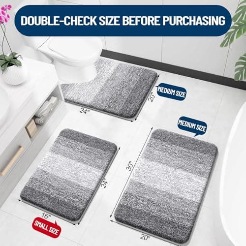 OLANLY Bathroom Rugs Sets 3 Piece, Soft Absorbent Microfiber Bath Mats and U-Shaped Contour Toilet Rug, Plush Shaggy Bath Mat Set for Bathroom (30"x20"+24"x16"+24"x20", Grey)