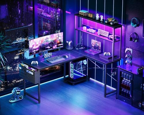 AODK L Shaped Desk Gaming Desk with LED Light & Power Outlet, 53 Inch Reversible L Shaped Computer Table with Shelf & Storage Bag & Hook for Home Office, Black