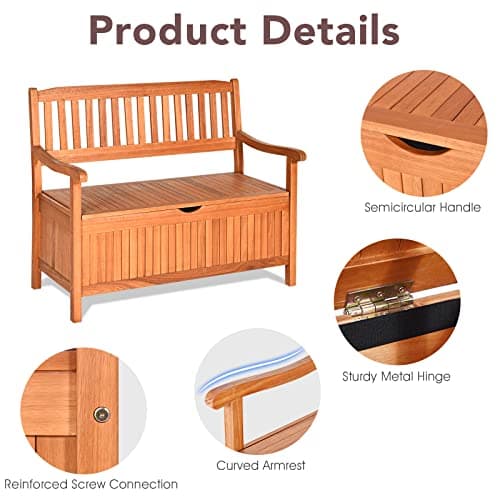 Safstar Outdoor Patio Bench with Storage Box, 33 Gallon Capacity, Wooden Frame, Eucalyptus Material, Natural Color, 42 x 23 x 35.5 Inches