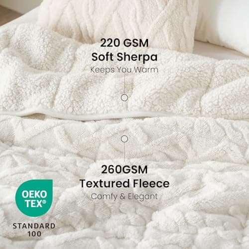 Drewin Weighted Blanket 15lbs Queen Size, Soft and Thick Jacquard Sherpa Heavy Blanket for Calming and Relax, Dual Sided Ultra Soft Fuzzy Throw Blanket with Ceramic Beads, 60 x 80 inches, Cream White