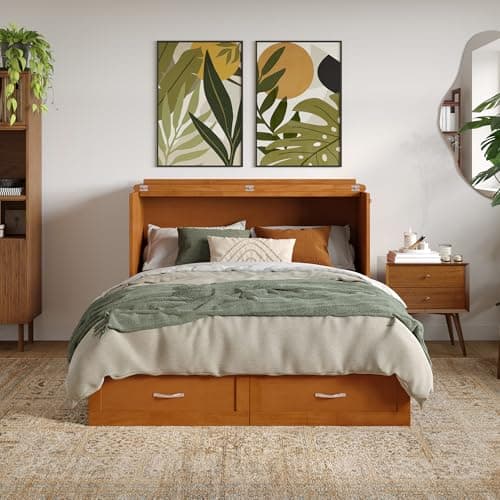 AFI Hamilton Full Murphy Bed Chest with Mattress, Storage, and Built-in Charger in Light Toffee