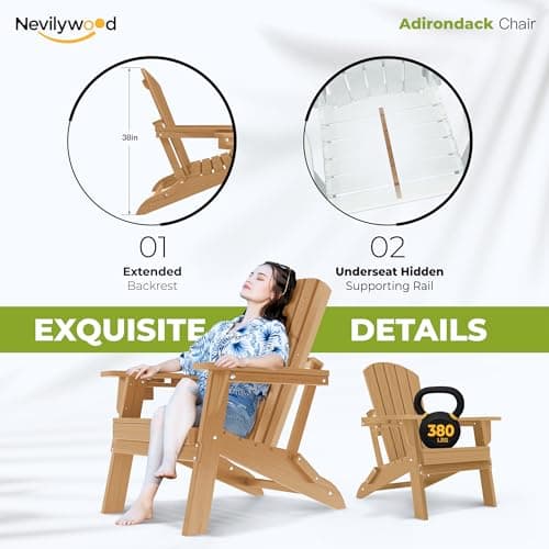 nevilywood Folding Adirondack Chair - Extended Ergonomic Backrest, Cup Holder - Easy Assembly - Durable HDPE Plastic, Weather Resistant & Maintenance-Free - Lawn, Patio, Deck Supports 400lbs Teak