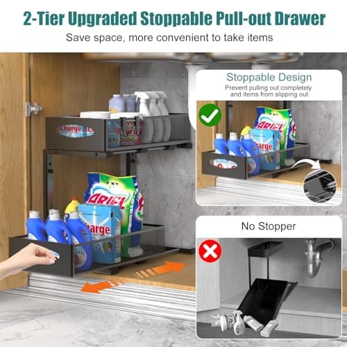 2 Pack Under Sink Organizer, 2 Tier Metal Pull Out Under Sink Storage with Sliding Mesh Drawers, Height Adjustable Slide Out Under Sink Organizer for Kitchen Bathroom Cabinet, Black