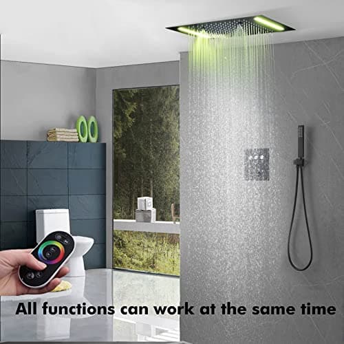 14 X 20 Inch LED Rain Ceiling Shower Head with Hand Sprays Thermostatic Rainfall Shower System Set Digital Display Matte Black