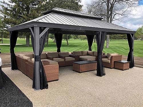 PURPLE LEAF 12' x 20' Permanent Hardtop Gazebo with Galvanized Steel Double Roof and Aluminum Frames Outdoor Large Pavilion Gazebo for Patio Deck Garden, Netting and Curtains Included, Light Grey