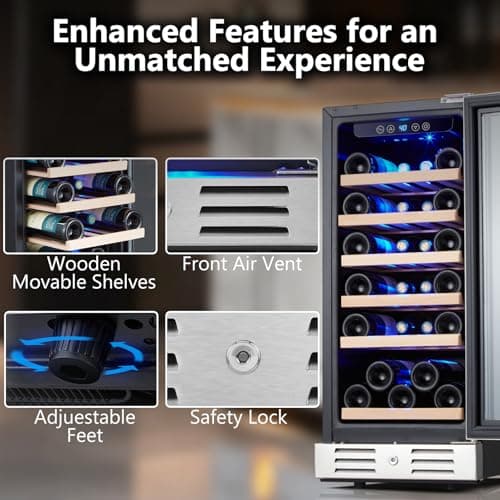 Kalamera Mini Fridge 15" Wine Cooler Refrigerator - 30 Bottle Wine Fridge with Stainless Steel Refrigerator& Double-Layer Tempered Glass Door and Temperature Memory Function Built-in or Freestanding