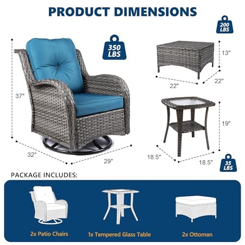5 Piece Patio Furniture Set, Outdoor Swivel Chair Sets with Thick Cushion, Side Table and Ottoman, Wicker Patio Conversation Set for Deck Porch Sunroom