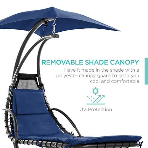Best Choice Products Outdoor Hanging Curved Steel Chaise Lounge Chair Swing w/Built-in Pillow and Removable Canopy - Navy Blue