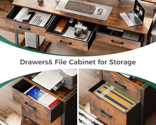 AODK 55 Inch Computer Desk with 3 Drawers and File Cabinet for Storage, Office Desk with Monitor Stand and LED Lights, Home Office Desks, Vintage