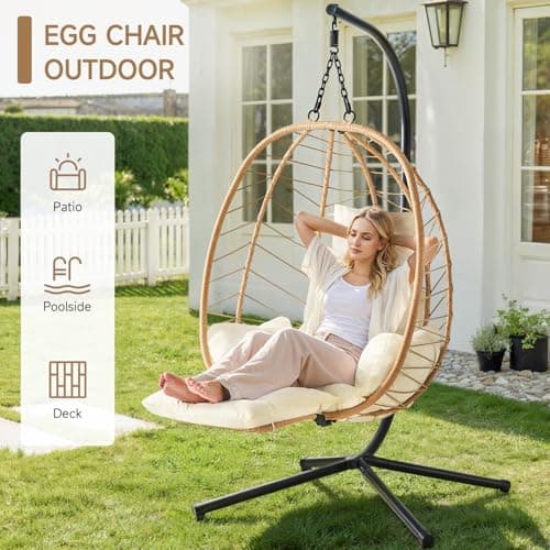 Hanging Egg Chair with Adjustable Footrest & Stand, Wicker Rattan Swing Hammock Chair with Cushion & Double Chains, 350LBS Capacity for Outdoor & Indoor Patio, Deck, Bedroom, Balcony (YE-BE)