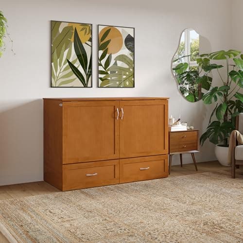 AFI Hamilton Full Murphy Bed Chest with Mattress, Storage, and Built-in Charger in Light Toffee