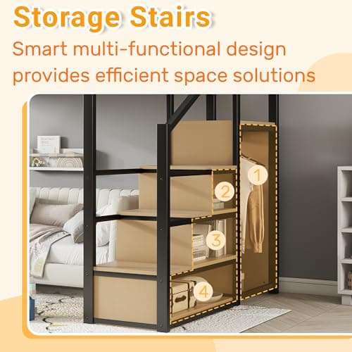 Full Size Loft Bed with Stairs and Storage, Metal Loft Bed Frame with Bedside Shelf and Large Under-Bed Space, Heavy-Duty Bed for Adults Teens and Kids, Black