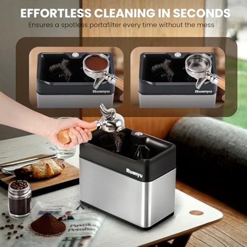 Huanyu Flat Burr Coffee Grinder with 19 Grinding Settings Large Capacity 35oz Black and Huanyu Electric Espresso Portafilter Cleaner with Dual Brush Heads and Three Scrapers Bundle