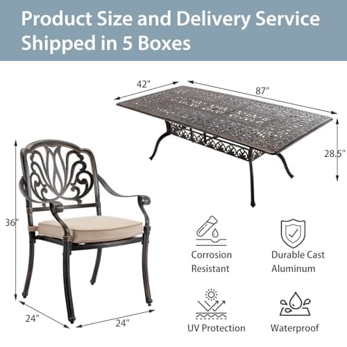 9-Piece Cast Aluminum Patio Furniture, Outdoor Dining Sets for 8 Include 87" Rectangular Patio Dining Table and 8 Stackable Chairs with Cushions & Umbrella Hole (Bronze)
