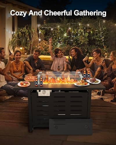 44" Outdoor Propane Fire Pit Table, 48,000 Btu Lp Gas Rectangular Fire Table with Ignition Systems and Lid,Outdoor Firetable with Glass Rocks for Patio Deck Garden Backyard