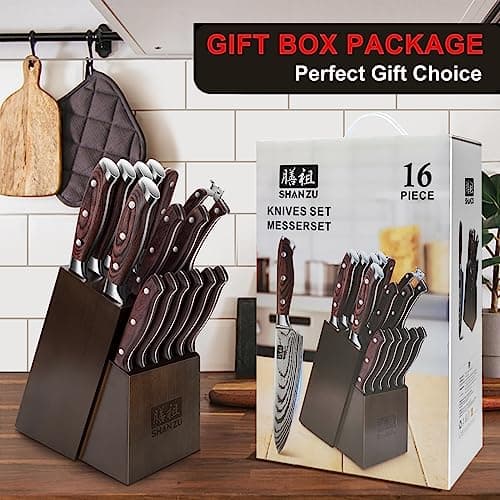SHAN ZU Knife Set 16 pcs, Japanese Kitchen Knife with Block High Carbon Stainless Steel Ultra Sharp Knife for Kitchen, Professional Chef Knife Set with Sharpener