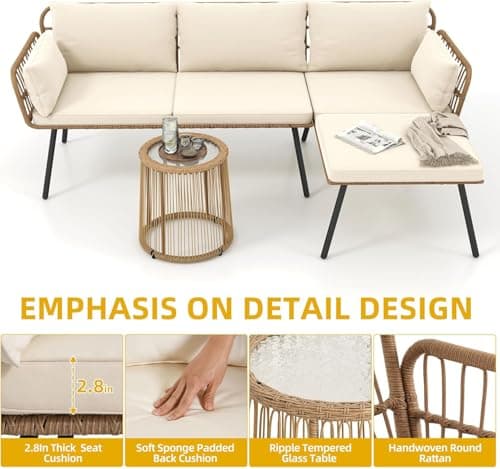 DWVO Patio Furniture Set 3 Piece Outdoor Wicker Conversation Set with Detachable Cushions and Coffee Table L-Shaped Sectional Sofa Set Outdoor Furniture Set for Backyard Porch Deck - Beige