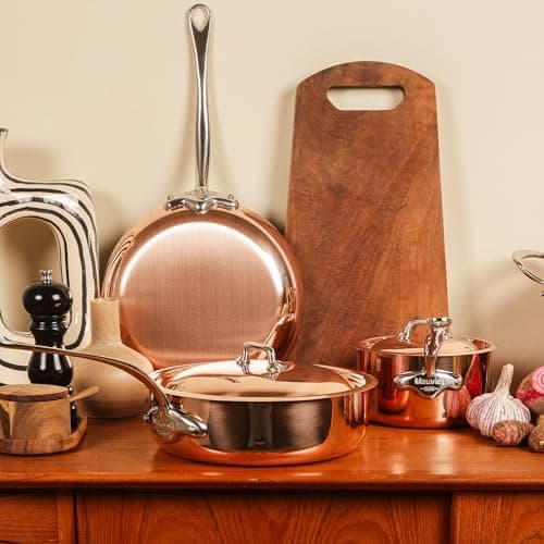 Mauviel M'Heritage 150 S 1.5mm Polished Copper & Stainless Steel 14-Piece Cookware Set With Cast Stainless Steel Handles And Curved Lid, Made In France