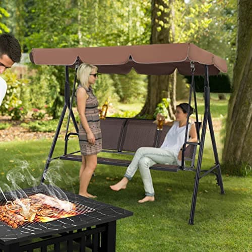 Yaheetech Outdoor Porch Swing Chair for Adults, 3-Seat Patio Hanging Swing w/Adjustable Canopy, Armrests, Porch Swing Sets w/Stand, Breathable Fabric for Backyard/Garden/Balcony, Dark Brown