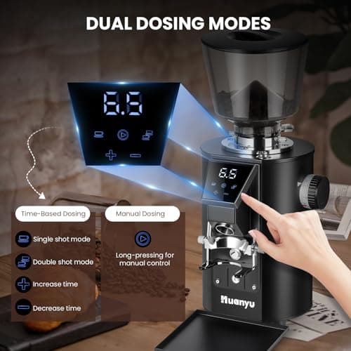 Huanyu Commercial Coffee Grinder with Touching Screen Infinite Adjustment 8 Grinding Settings Burr Coffee Grinders for Shops with Dual Dosing Modes