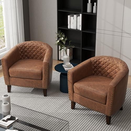 UIXE Faux Leather Accent Chairs Set of 2, Barrel Club Chair Modern Upholstered Armchair for Living Room, Comfy Nailed Trim Arm Chair Bedroom Reading Seat, Brown
