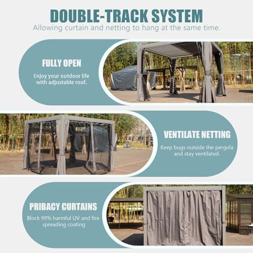 Domi 10x12FT Outdoor Louvered Pergola Full Aluminum Structure,Patio Pergola with Two Independently Adjustable Roof for Backyard, Sun Shade Gzebo with Gutter System for Garden Deck(Dark Gray)