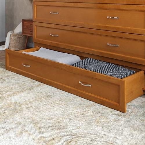 AFI, Northfield Queen Murphy Bed Chest with 6" Mattress, Storage Drawer & Built-in USB Charger, Light Toffee