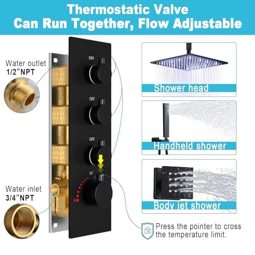HOMEDEC 12inch Rain Shower System with Full Body Jets Sprays, Ceiling LED Brass Shower Faucet Set with 3 Functions Thermostatic Valve, Can Use All Function At Once