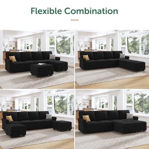 HONBAY Sectional Sofa with Storage Seat Velvet U Shaped Couch with Reversible Chaise Convertible Sectional Couches for Living Room,Black Velvet