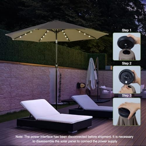 Backyard Expressions 9ft Solar Patio Umbrella with 32 LED Lights - Beige – Outdoor Market Umbrella with Tilt & Crank, Solar-Powered Lighting