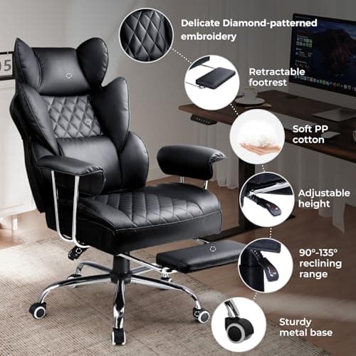 COMHOMA Big and Tall Office Chair, High Back Leather Gaming Chair with Footrest, Executive Ergonomic Office Chair with Pocket Spring Lumbar Support and with Outward Fixed Soft Armrests
