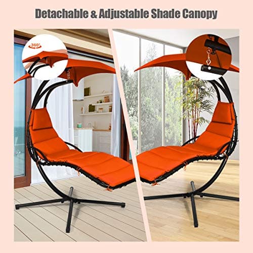 Giantex Hanging Chaise Lounger Chair, Arc Stand Porch Swing Chair w/Canopy, Cushion Built-in Pillow, Outdoor Freestanding Swing Hammock Chair for Patio Poolside Backyard Garden (Orange)