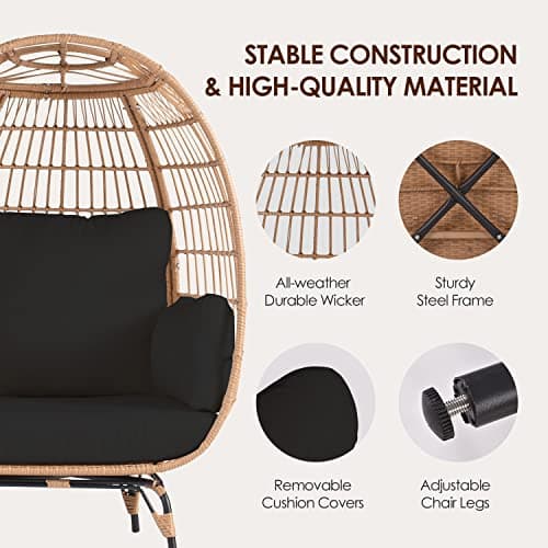 Oversized Wicker Egg Chair Set of 2, Outdoor Indoor Lounger with 4 Cushions, 440lb Capacity, Egg Basket Chair for Living Room, Backyard, Balcony, Patio, Black