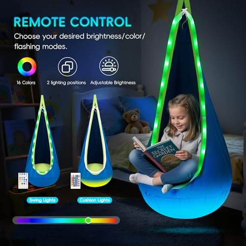 OUTREE Light Up Pod Swing Seat, Sensory Swing with LED Light, Cotton Kids Chair for Indoor and Outdoor, Hammock Chair Easy to Install, Blue