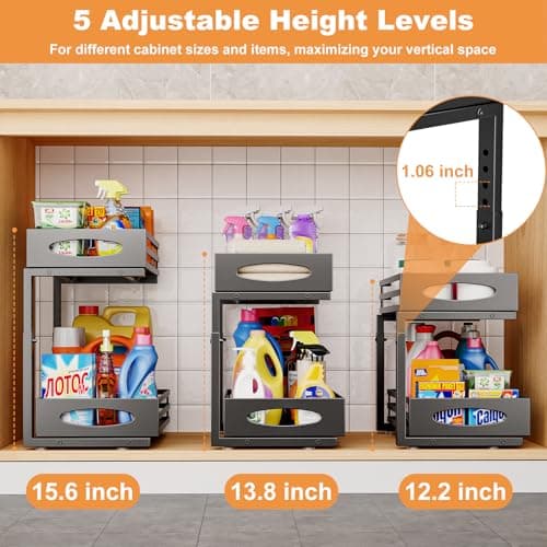 Under Sink Organizer, Pull Out Cabinet Organizers, Slide Sink Steel Shelf Cabinet Storage Shelves, Under Sink Storage for Kitchen Bathroom Cabinet (Black, 2 Pack)