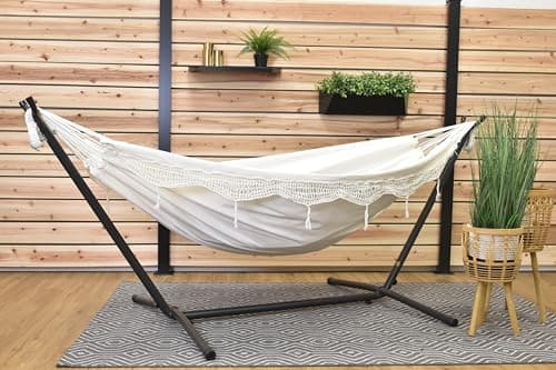 Vivere Double Cotton Hammock with Space Saving Steel Stand, Upgraded Polyester End Strings 450 lb Capacity - Premium Carry Bag Included - USA Grown Cotton (Natural)