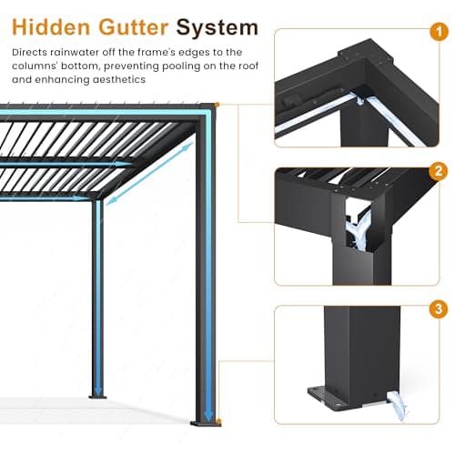 Louvered Pergola 12'x16', Full Aluminum Outdoor Pergola with Adjustable Proof and Gutter System, Metal Hardtop Gazebo for Patio, Deck, Garden, Yard, Black