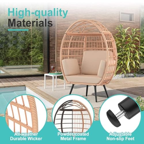ZENPETIO Oversized Egg Chair, Indoor Outdoor Lounger with 4 UV Resistant Cushions, Storage Bag, All-Weather Wicker Egg Lounger Chair for Patio, Backyard, Living Room, 370lbs Capacity - Brown