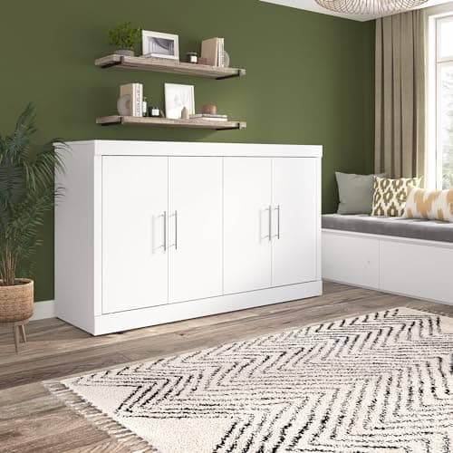 Bestar Nebula 75W Queen Size Murphy Cabinet Bed with Mattress in White, 75-inch Space-Saving Sleeping Arrangement for Multipurpose Guest Room or Home Office