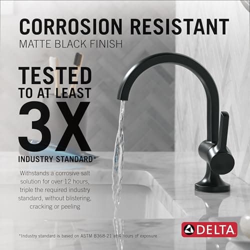 Delta Faucet Albion Single Hole Bathroom Faucet, Matte Black Single Handle Bathroom Faucet, Bathroom Sink Faucet, Metal Push Pop-Up Drain Assembly, 1.2 GPM Flow Rate, Matte Black 15855LF-BL