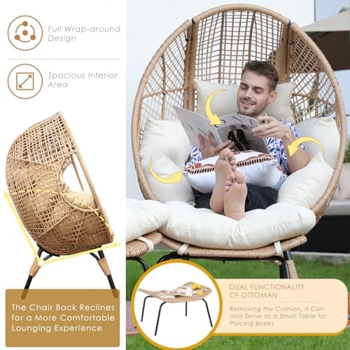 NICESOUL Wicker Egg Chair with Ottoman, Indoor Outdoor Egg Basket Lounge Chair w/Cushion, Oversized Egg Seat with Legs 440 Lbs, Comfy Cozy Boho Style Nest Chair w/Footrest for Patio, Balcony, Beige