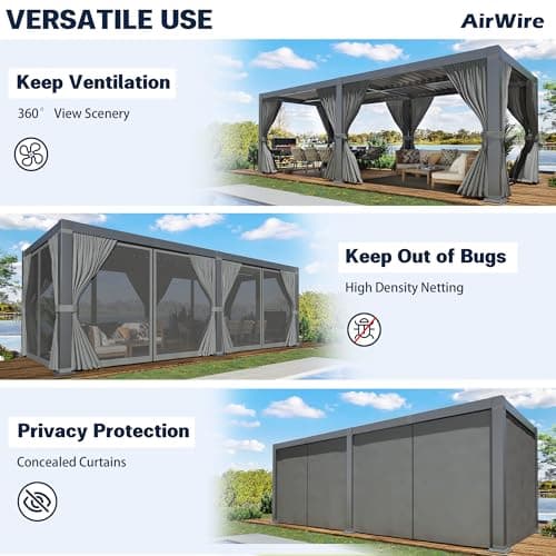 Pergola 10x20 Ft Louvered Pergola Aluminum Outdoor Pergolas W/Adjustable Roof, Waterproof Curtains and Nets Outdoor Gazebo for Deck,Patio,Backyard and Garden