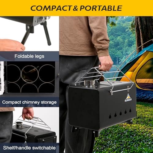 Black Wood Burning Tent Stove, 7 Section Stainless Steel Chimney, Portable Hot Tent Stove for Camping, Hunting, Ice Fishing