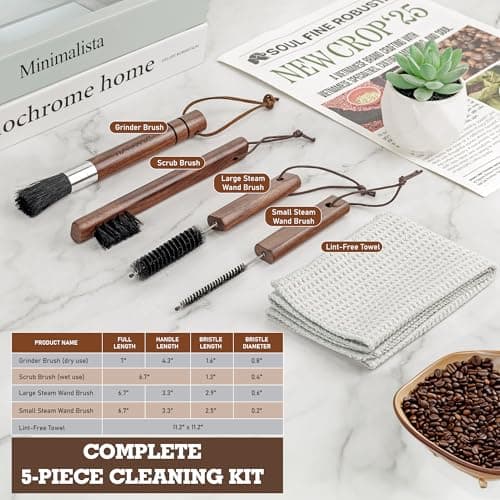 Takavu Coffee Grinder Cleaning Kit – 5pcs Boar Bristle Grinder Brush, Detail Scrub Brush, Steam Wand Brushes & Microfiber Towel for Espresso Machine Coffee Maker Pour Over