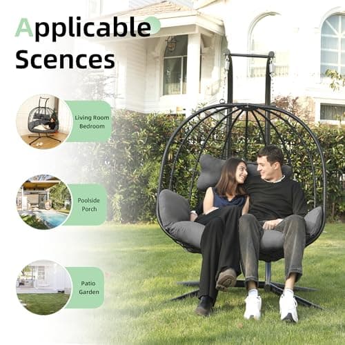 Double Egg Chair wth Stand Hammock Swing Chair Foldable Hanging Loveseat, UV Resistant Removable Cushions, 700LBS Capacity for Bedroom, Balcony, Garden(BK-GR)