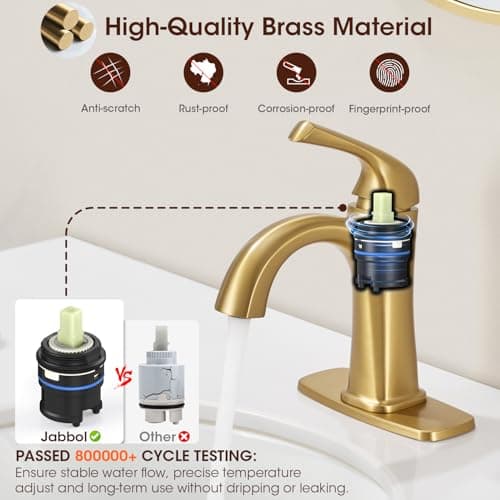 Brushed Gold Single Hole Bathroom Faucets, Single Handle Brass Bathroom Sink Faucet for 1 or 3 Holes, Vanity Faucet with Pop Up Drain and Supply Lines, Deck Plate